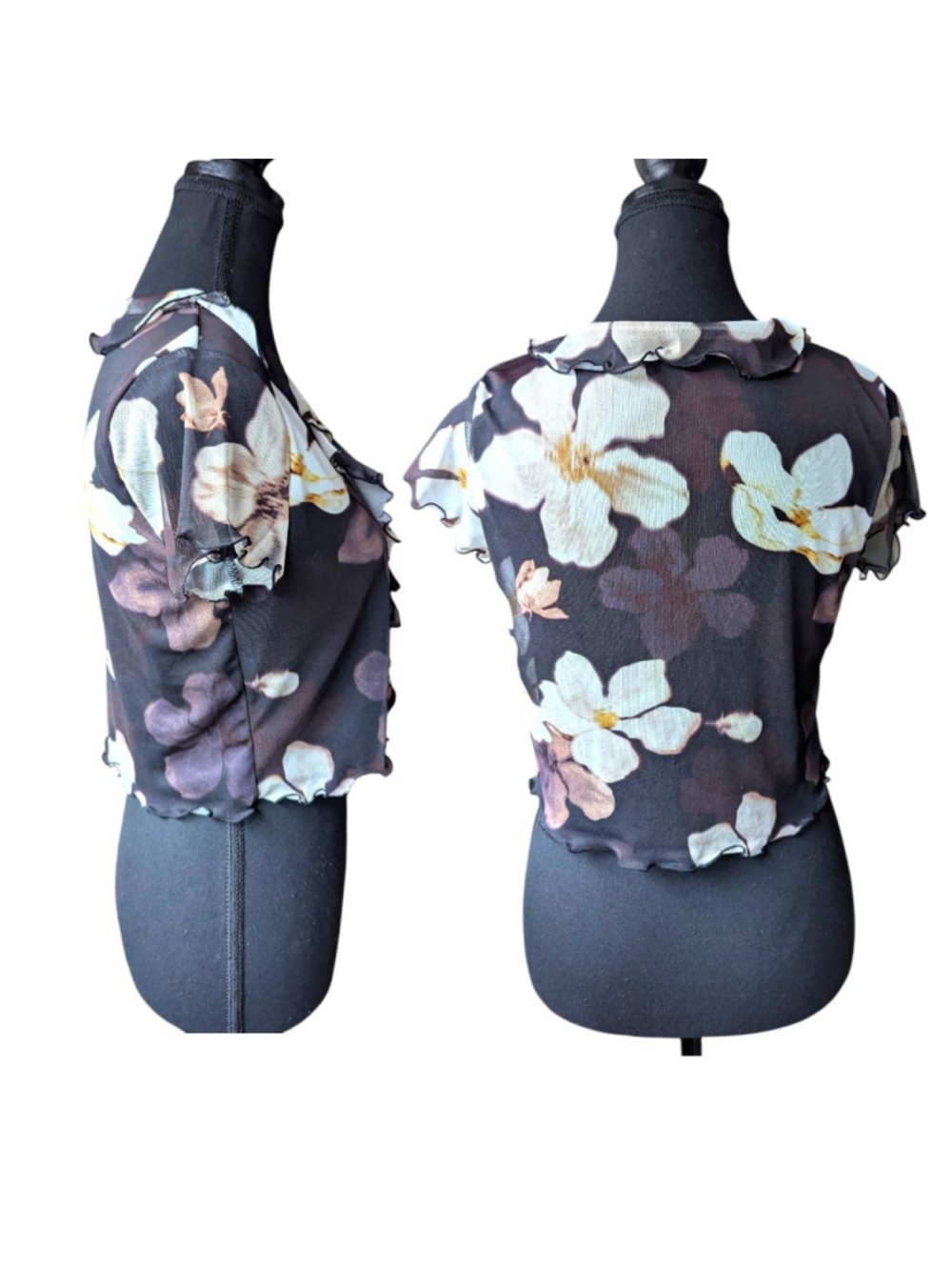 Ardene Black Floral Y2K Sheer Blouse Ruffle Tie Front - Picture 2 of 10